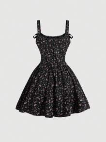 SHEIN MOD Của phụ nữ Mini In hoa Dây đeo Mì Ý  Đầm - màu đen - Xem 2