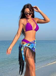 SHEIN Swim Women's Halter Neck Bikini Set With Floral Print Fringed Cover-Up Skirt Music Festival Summer Beach - Multicolor - View 3