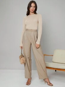 BizChic 女士纯色弹力修身长袖毛衣，浪漫优雅日常时尚商务休闲通勤款，适合办公室、教师、秋冬季商务休闲穿着。 - 卡其色 - 查看 5