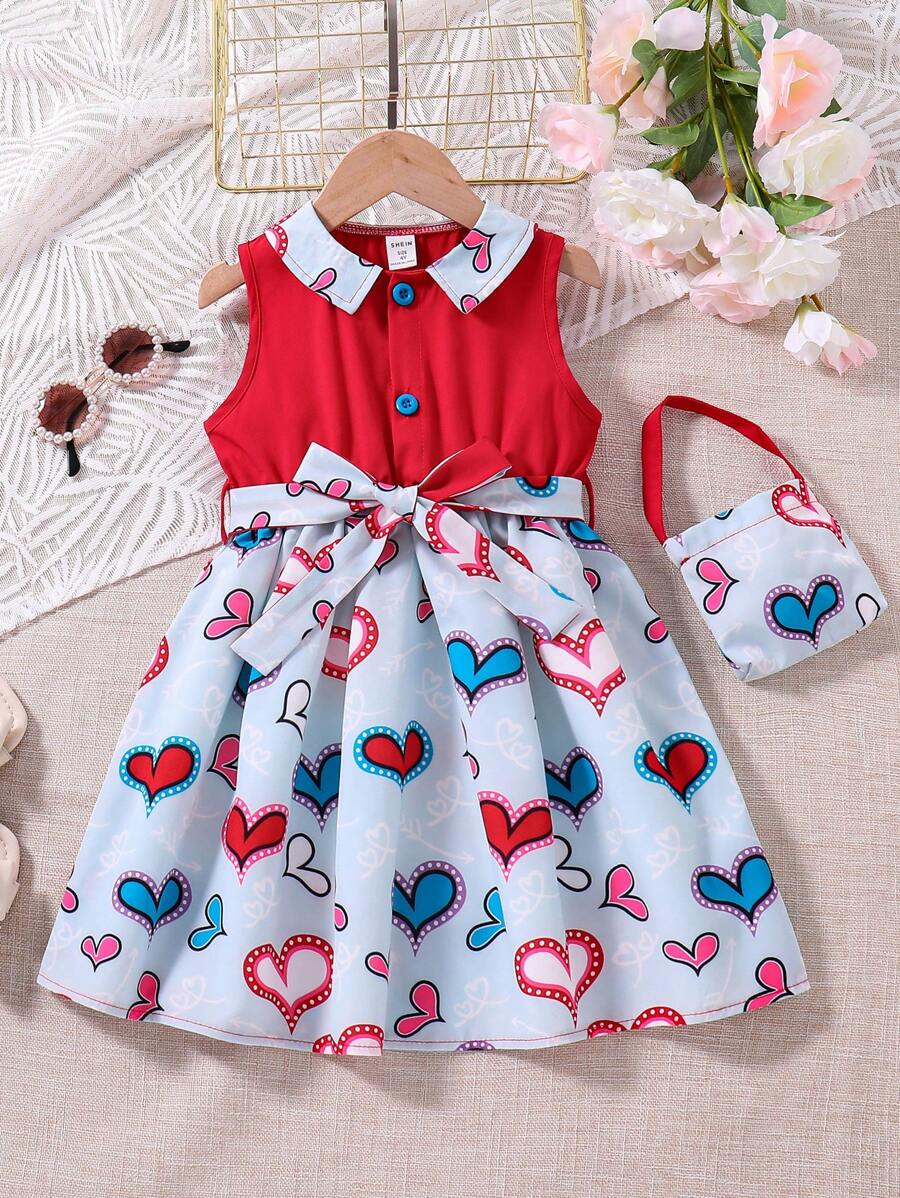 SHEIN 少女配色拼接愛心印花A字洋裝附腰帶 - 紅色 - 查看 1