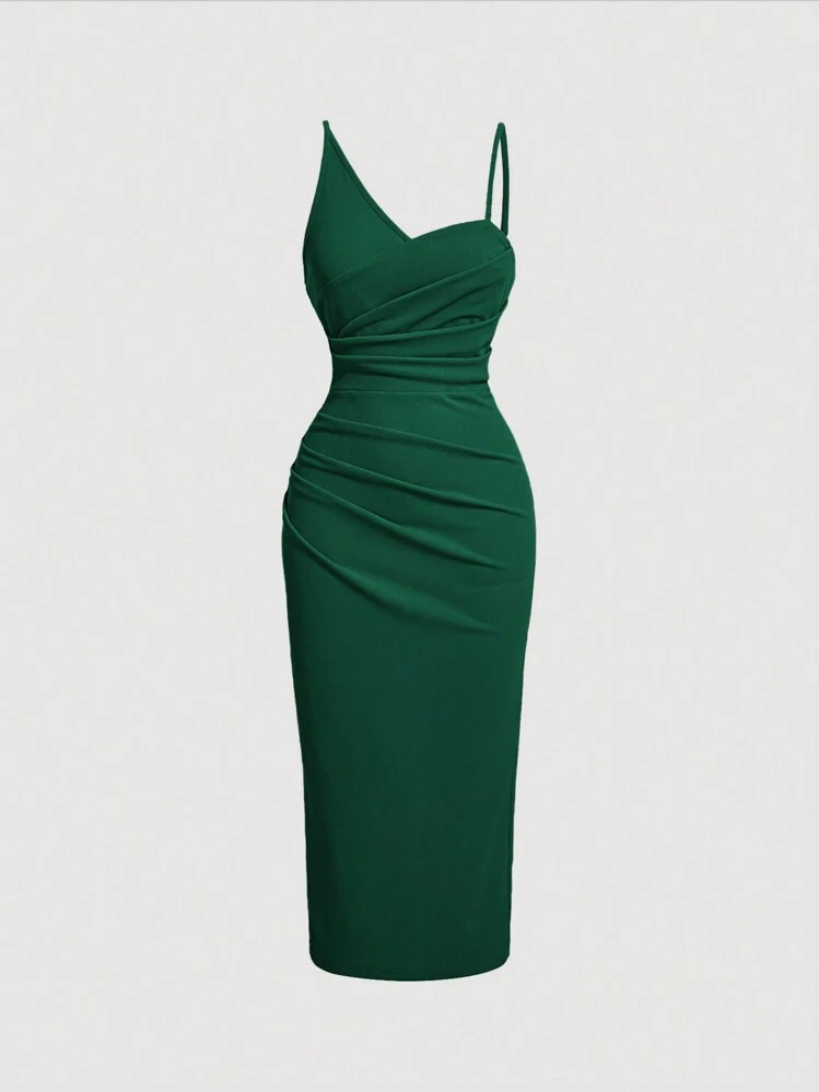 SHEIN MOD Solid Ruched Asymmetrical Neck Ruched Split Thigh Dress, Wedding  Guest Dress | SHEIN USA
