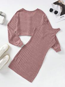 SHEIN EZwear Women's Ribbed Tank Dress And Knit Jacket 2pcs Set - Dusty Pink - View 2