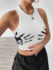 SHEIN EZwear 女士彩塊和棕櫚樹印花背心 - 白色 - 查看 3