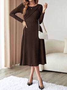 SHEIN Essnce Vestido De Manga Larga Monocromático Para Mujer - Café integral - Ver 3