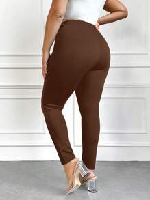 SHEIN Cottnline Women's Plus Size High Waist Solid Color Skinny Pants - Coffee Brown - View 2