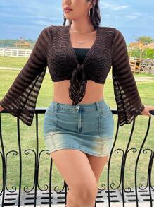 Flirla 大尺碼女士中空針織開衫,前綁帶設計