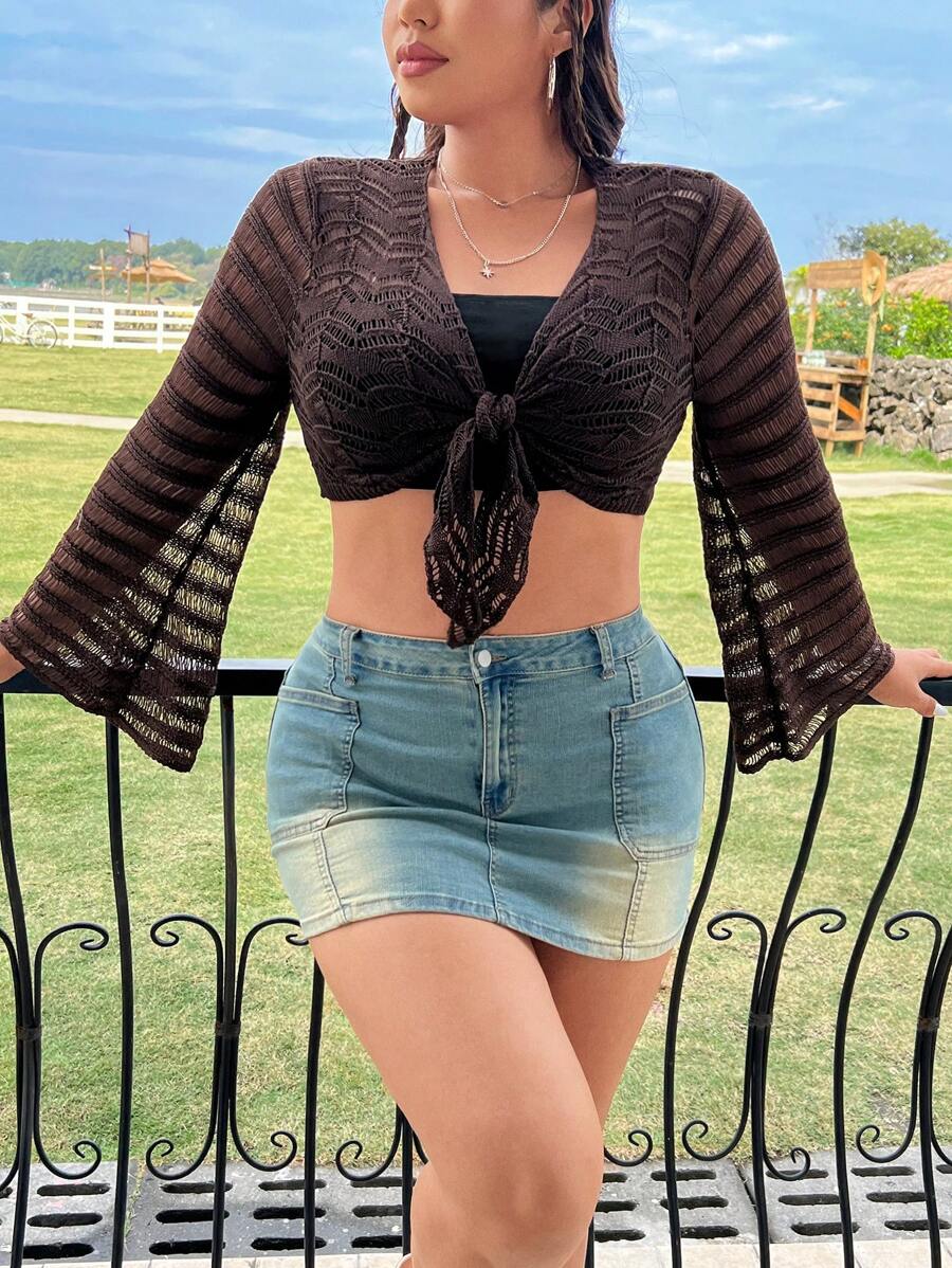 Flirla 大尺碼女士中空針織開衫,前綁帶設計