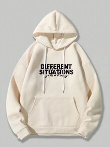 ROMWE MEN Street Life 男士字母圖案抽繩保暖帽衫 - 杏色 - 查看 2