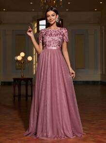 Faeriesty Sequin Contrast Mesh Floor-Length Formal Gown - Dusty Pink - View 1