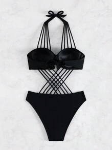 SHEIN Swim 中空交叉一件式泳衣 - 黑色 - 查看 4