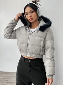 SHEIN EZwear Women's Hooded Padded Parka Jacket With Fur Collar - Grey - View 4