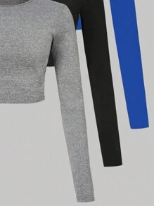 SHEIN Essnce Của phụ nữ Vòng cổ Tay áo dài Áo thun - Xanh đậm - Xem 3