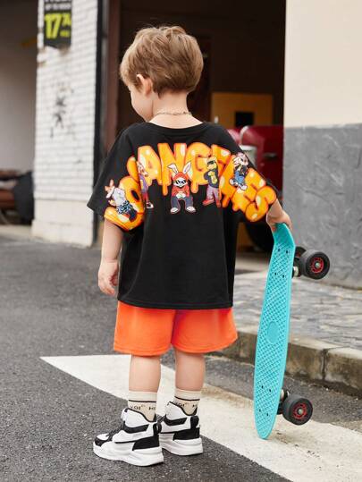 SHEIN Tween Boys' Extended Size Casual Letter Print Round Neck Pullover Short Sleeve T-Shirt And Woven Belt Shorts Knit 2pcs Set