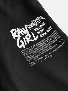 SHEIN Female Teenagers Printed Pattern Gathered T-shirt With Diagonal Pocket Pants Two-piece Set - Black - View 7