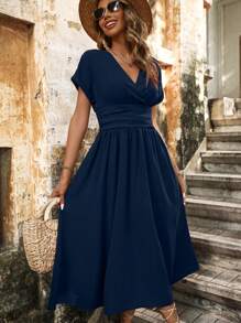 SHEIN LUNE 女款蝙蝠翼袖裹身連身裙 - 寶藍色 - 查看 3