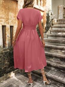 SHEIN LUNE Women's V-Neck Pleated Dress - Pink - View 2