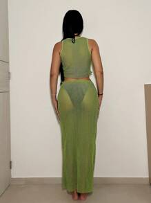 SHEIN Swim 女性空心上衣和覆蓋裙,嘉年華活動服飾 - 橄欖綠 - 查看 3