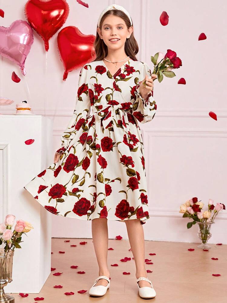 Tween Girl V-Neck Detachable Belt Floral Print Dress Mommy And Me Matching Outfits (3 Pieces Sold Separately)