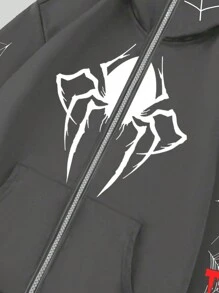 ROMWE MEN Goth 男款蜘蛛印花拉鍊連帽運動衫 - 深灰色 - 查看 4