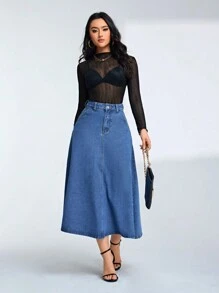 EMERY ROSE 女士長款喇叭牛仔裙 - 中等水洗藍 - 查看 4