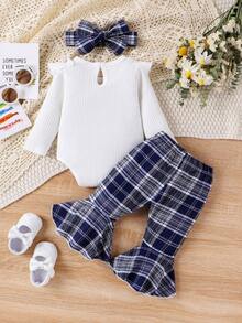 Baby Girls' Solid Color Ruffle Trim Romper With Plaid Flare Pants Set - Blue - View 2