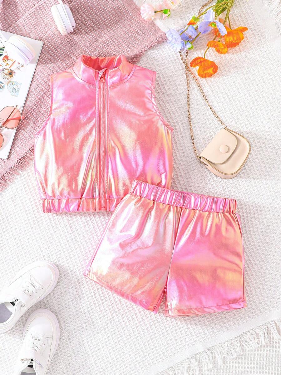 SHEIN Conjunto De Top Y Shorts De Moda Para Niñas - Rosa - Ver 1
