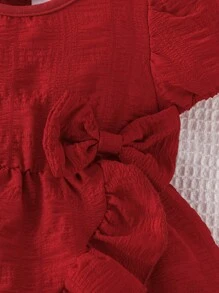 SHEIN Baby Girls Elegant Ruffled Crisscross Short Sleeve Dress - Burgundy - View 5