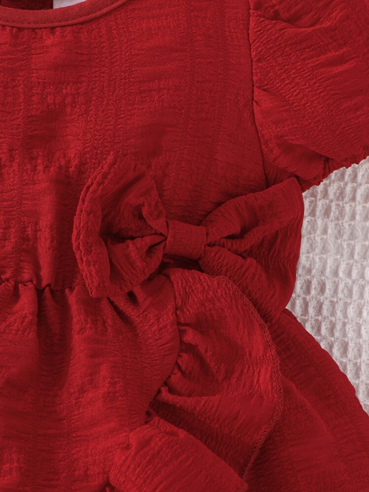 SHEIN 女婴优雅荷叶边交叉短袖连衣裙 - 酒紅色 - 查看 5