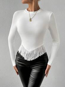 Allurite Women's Long Sleeve T-Shirt With Tassel Hemline Patchwork - White - View 3