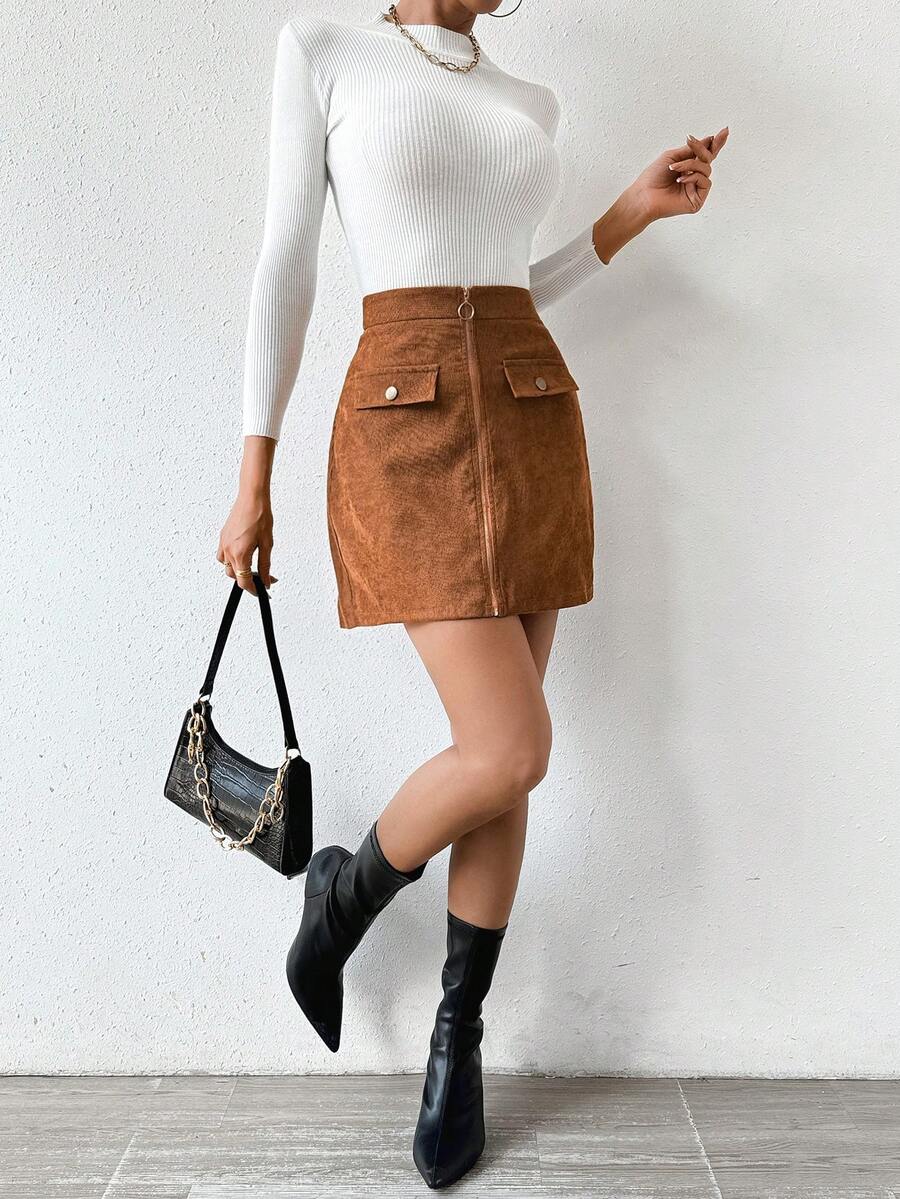 SHEIN Frenchy Ladies' Zipper Front Mini Skirt - Brown - View 1