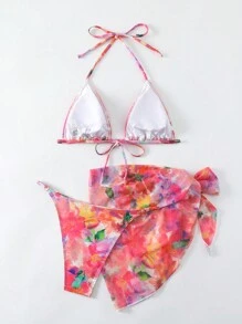 SHEIN Swim Vcay 全印花風格三角比基尼,配有頸掛腰帶情人節 - 彩色 - 查看 7