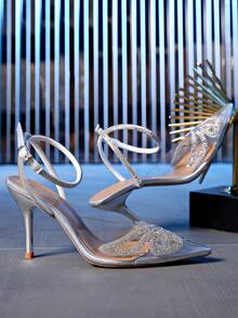 女士銀色綁帶腕環尖頭細高跟鞋,鑲有鑽石裝飾和蝴蝶結細節,優雅性感 - 銀色 - 查看 7