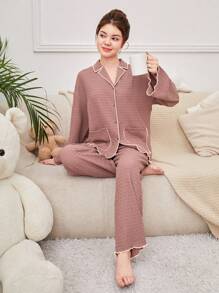 SHEIN Teenage Girls' Color Block Contrast Hem Lapel Pockets Shirt And Pants Homewear Set - Dusty Pink - View 1