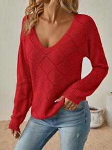 SHEIN Clasi Women's V-Neck Drop Shoulder Sweater,Long Sleeve Tops In Fall/Winter - Red - View 5