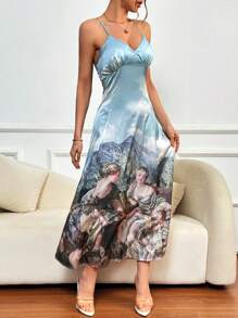 SHEIN Privé 女士復古幾何印花細肩帶 A 字連身裙 - 彩色 - 查看 5