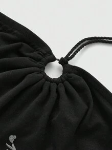 ROMWE Fairycore Vintage Beaded Applique Flower Pattern Halter Top With Round Buckle - Black - View 3