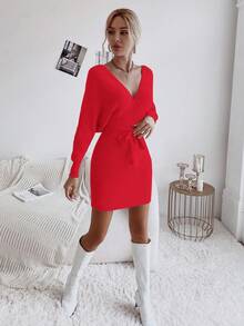 SHEIN Privé 女性編織蝙蝠袖毛衣裙,腰帶設計 - 紅色 - 查看 5