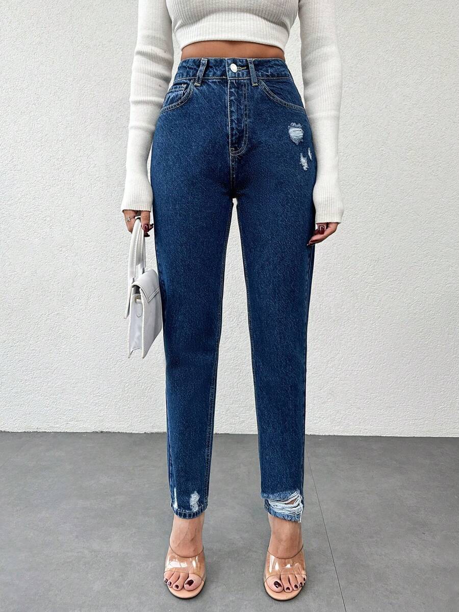 EURMUSE Ladies' Distressed Cone Shape Jeans ,Petite Women - Dark Wash - View 1