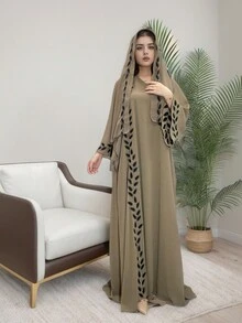女式植物刺绣长袖宽松连帽阿拉伯风格连衣裙