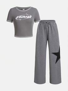 SHEIN Juego De Dos Piezas Para Adolescentes, Polera Tejida Con Estampado De Letra Y Pantalones Largos Con Estampado De Estrellas