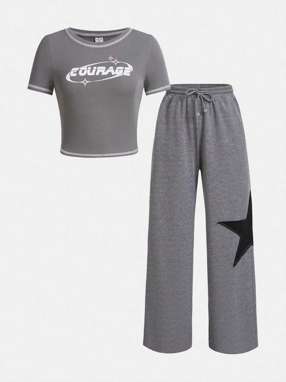 Teen Girls' Knitted Letter Print T-Shirt And Star Patterned Long Pants Two Pieces Set
