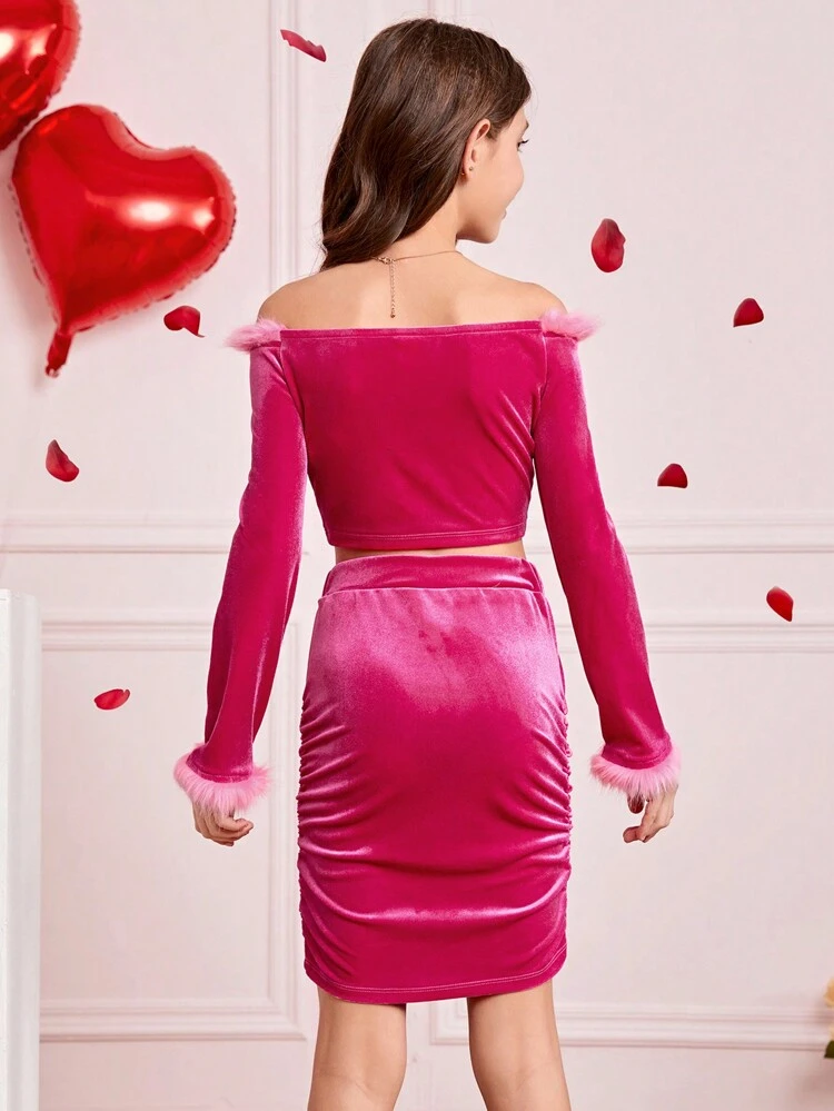 Fuzzy Modified Off-The-Shoulder T-Shirt And Shirred Skirt Two-Piece Set For Tween Girls