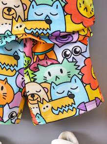 SHEIN 男童2入組可愛卡通手繪動物印花T恤和短褲，舒適且多用途，適用於戶外活動、學校和家庭穿著，適合春夏秋季，4-7歲 - 彩色 - 查看 6