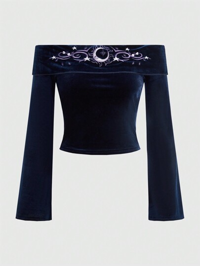 Hippie Women's Velvet T-Shirt With Embroidered Details And Flare Sleeves