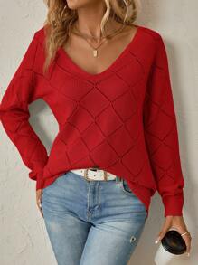 SHEIN Clasi Women's V-Neck Drop Shoulder Sweater,Long Sleeve Tops In Fall/Winter - Red - View 4