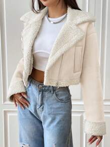 SHEIN EZwear Kurze Pu-lederjacke Mit Pelzkragen Für Damen - Aprikosenfarben - Übersicht 6