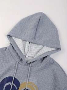 SHEIN LUNE Áo nỉ có mũ in hình trái tim cỡ lớn, có dây rút, thích hợp mặc mùa thu. - Xám - Xem 5