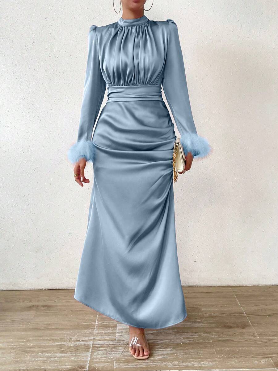 Rafferiza Fuzzy Sleeve Cuff & Pleated Detail Satin Bodycon Dress Maxi Women Outfit Fall Cloth For Women - Light Wash - View 1