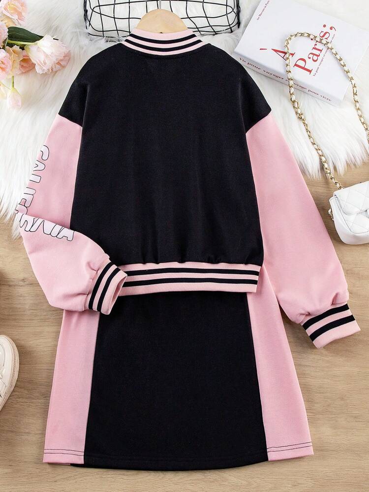 Tween Girls' Letter Print Jacket And Skirt Set