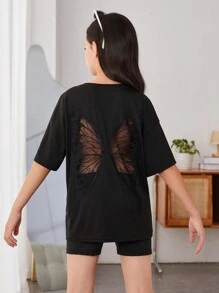 Cô gái Quá lớn Ngắn tay Vòng cổ Áo thun Với Loại bướm Cắt ra - màu đen - Xem 3